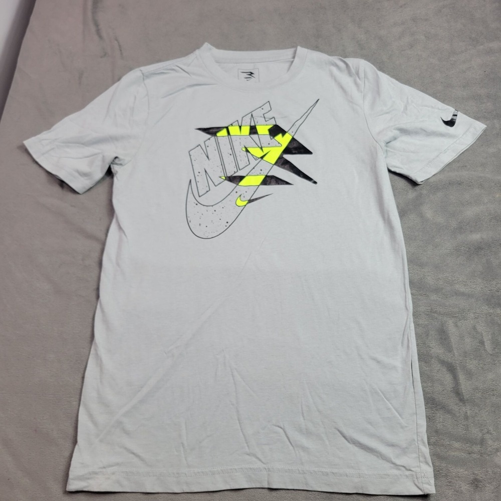 Nike Youth T-Shirt 13-15 Light Gray Neon Yellow Graphic Short Sleeve Casual Tee